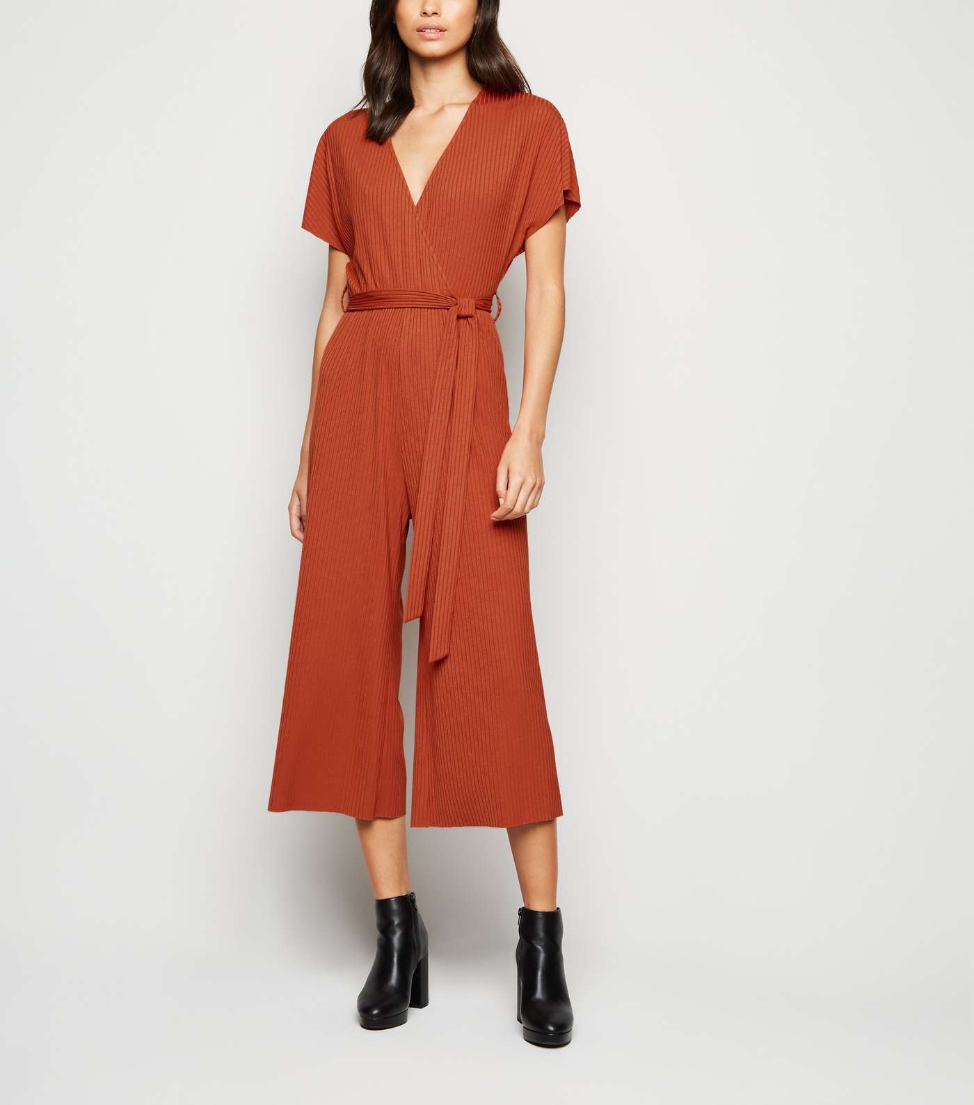 Rust Ribbed Jersey Wrap Jumpsuit