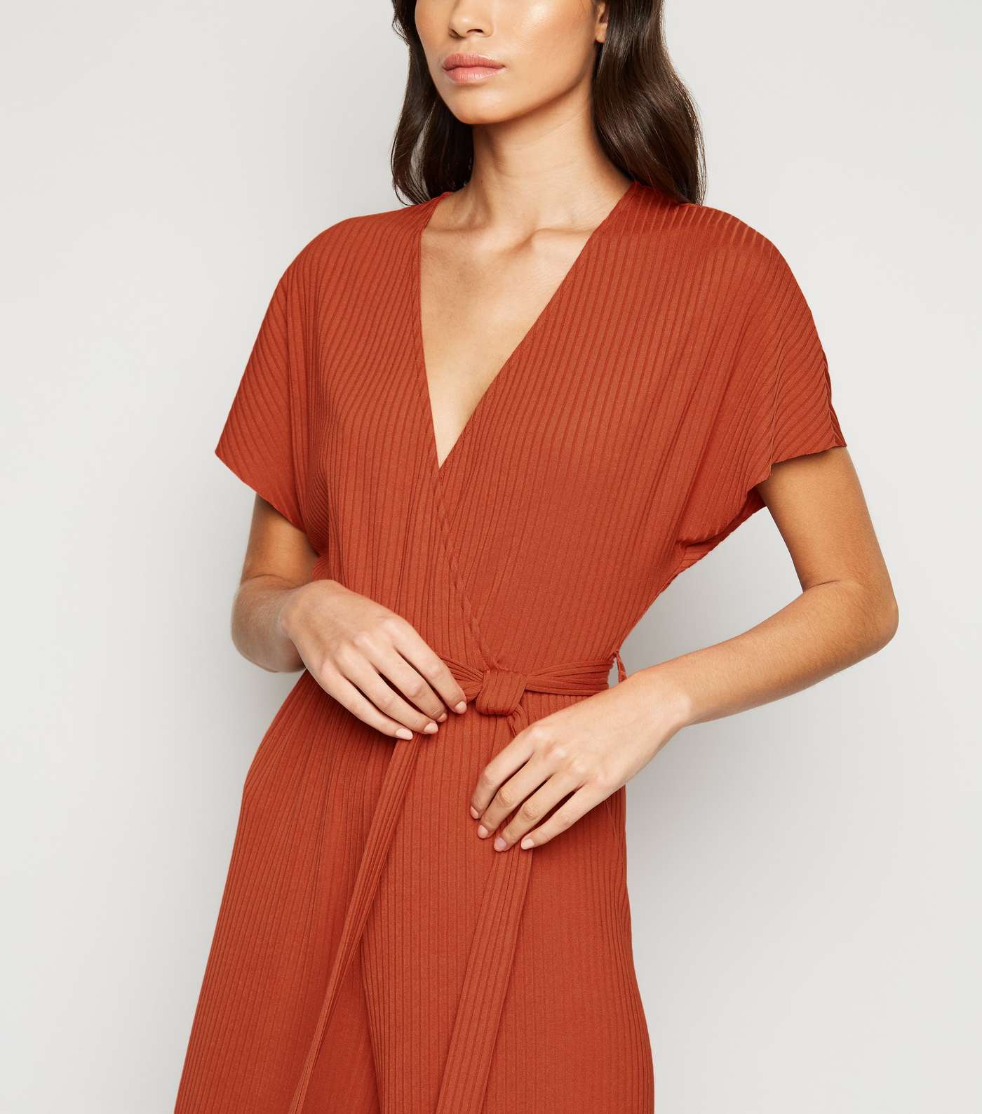 Rust Ribbed Jersey Wrap Jumpsuit Image 3