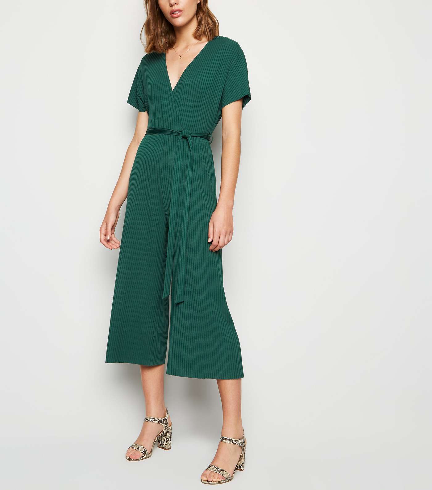 Dark Green Ribbed Jersey Wrap Jumpsuit