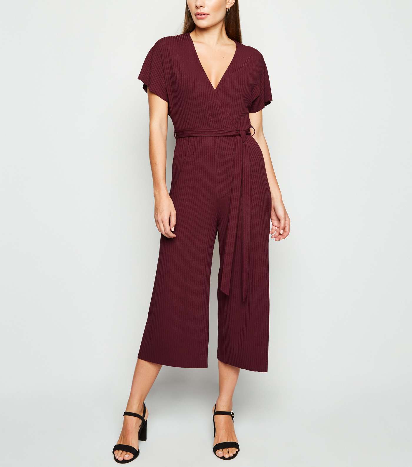 Burgundy Ribbed Jersey Wrap Jumpsuit
