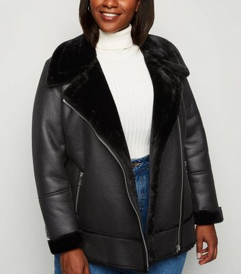 Curves Black Faux Fur Lined Aviator Jacket | New Look