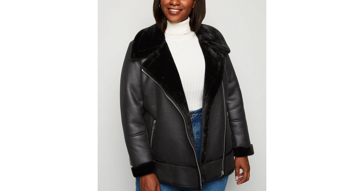 Curves Black Faux Fur Lined Aviator Jacket