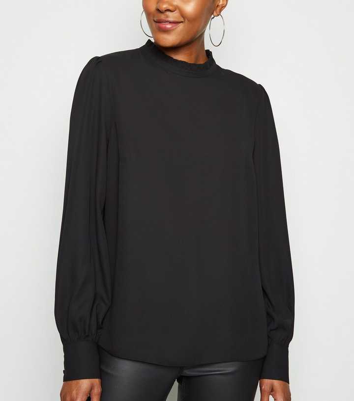 Black Frill Trim Puff Sleeve Blouse