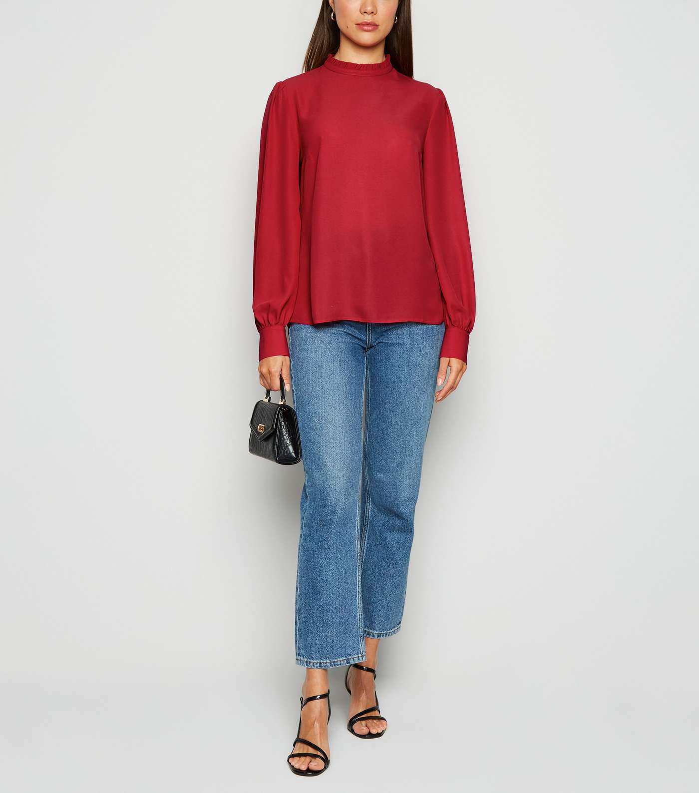 Red Frill Trim Puff Sleeve Blouse