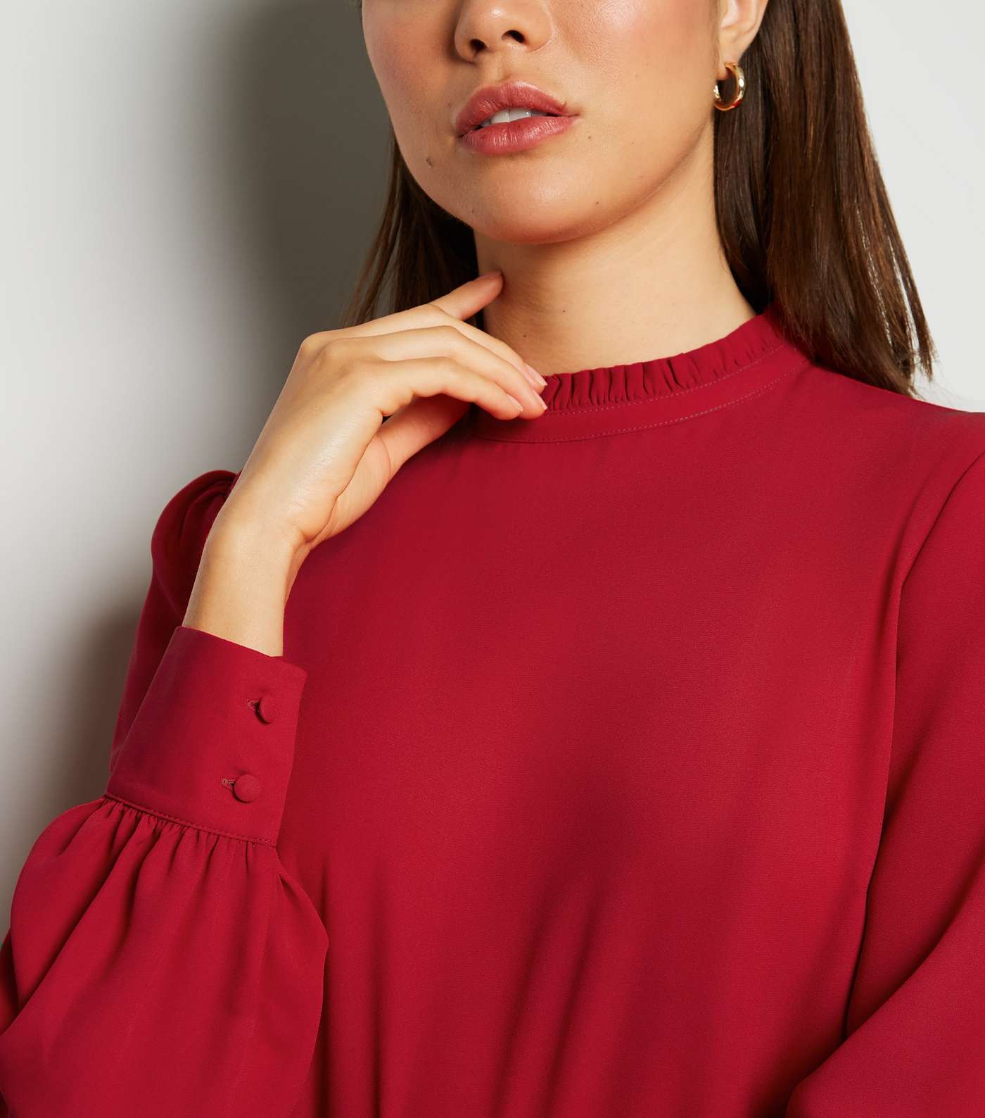 Red Frill Trim Puff Sleeve Blouse Image 3