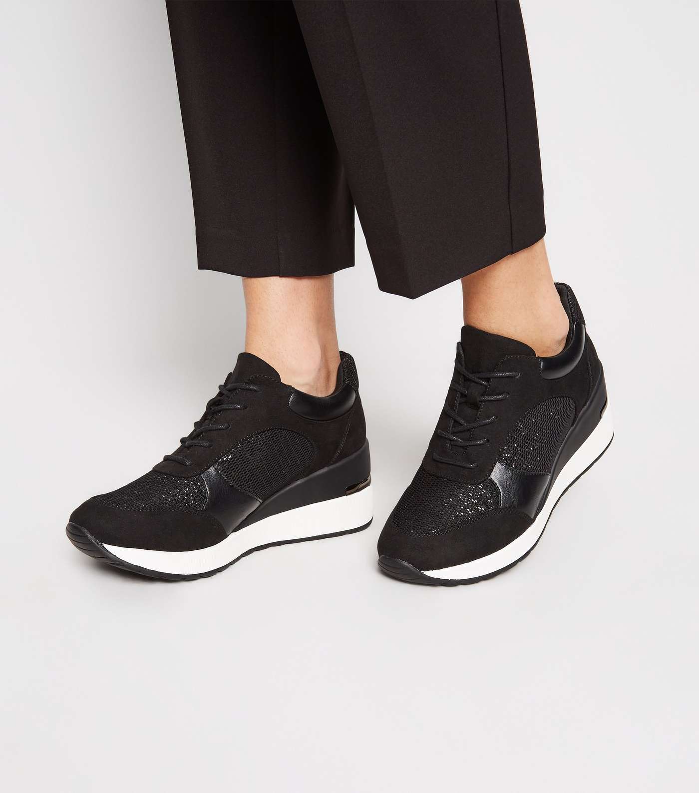 Black Suedette Glitter Panel Chunky Trainers Image 2