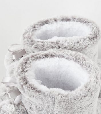 Grey Faux Fur Boot Slippers | New Look