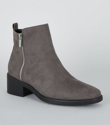 Grey Suedette Low Block Heel Ankle Boots New Look