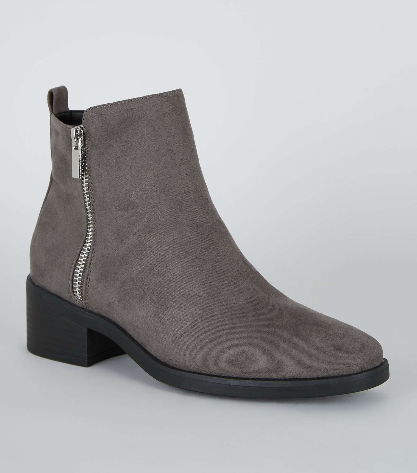 Grey Suedette Low Block Heel Ankle Boots