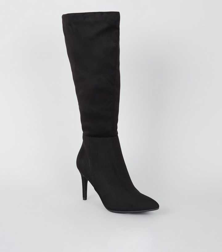 Black Suedette Pointed Stiletto Knee High Boots