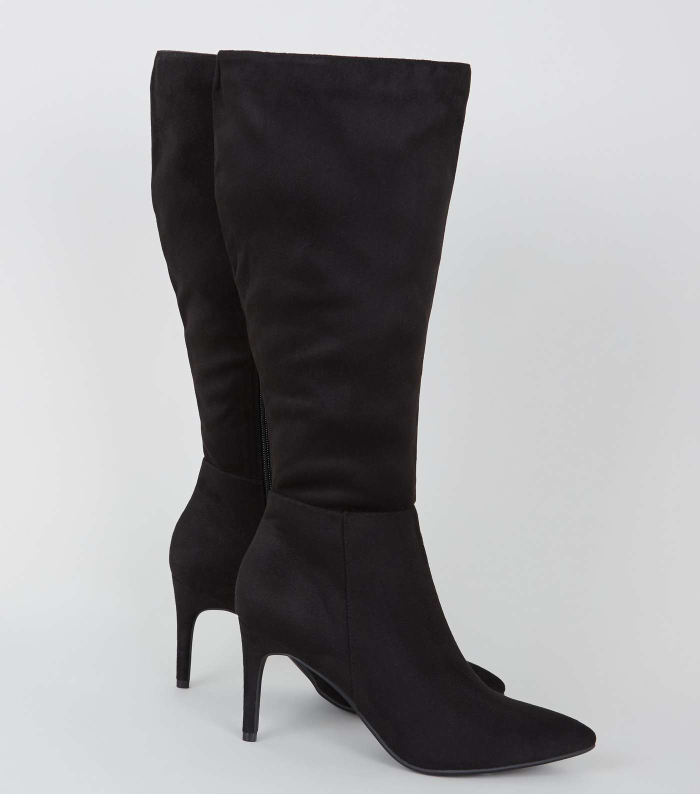 Black Suedette Pointed Stiletto Knee High Boots Image 3