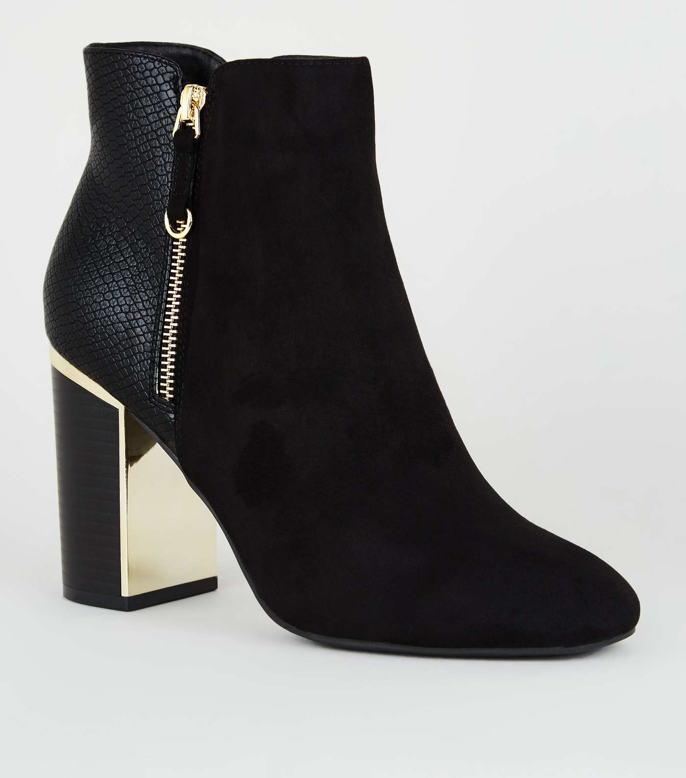 Black Faux Snake Panel Heeled Ankle Boots 