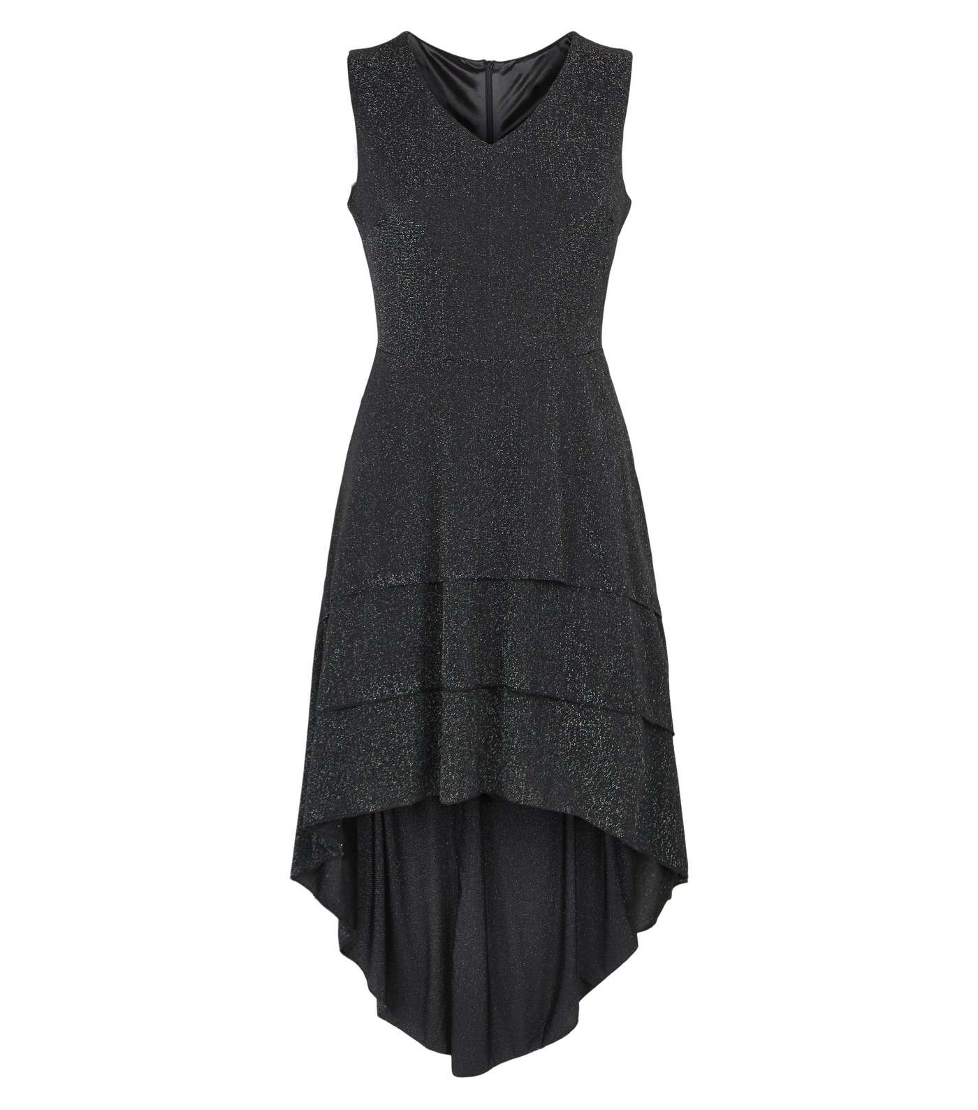 Mela Black Shimmer Ruffle Dip Hem Dress Image 4