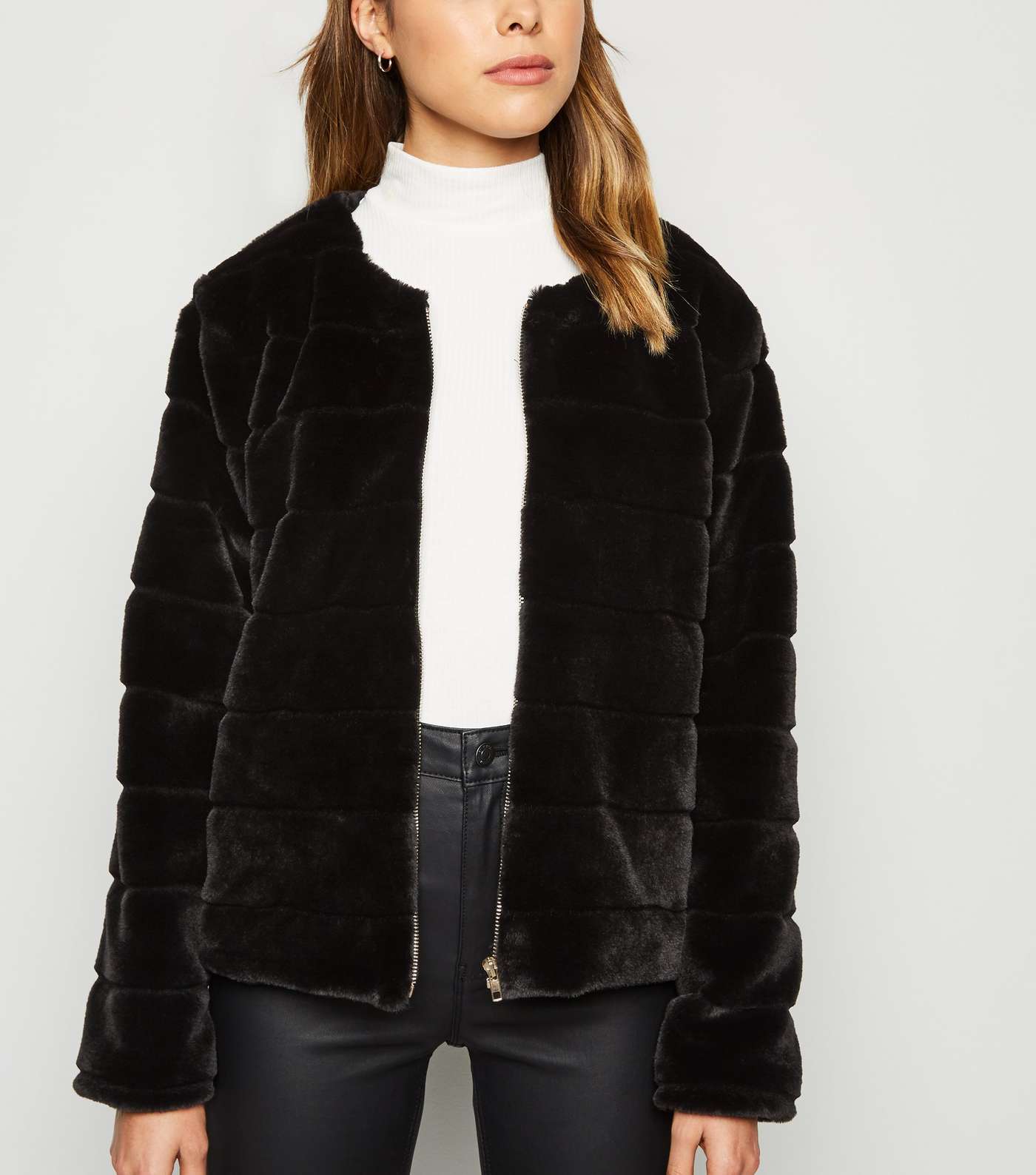 Mela Black Zip Front Faux Fur Coat