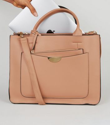 Camel Leather Look Laptop Bag New Look