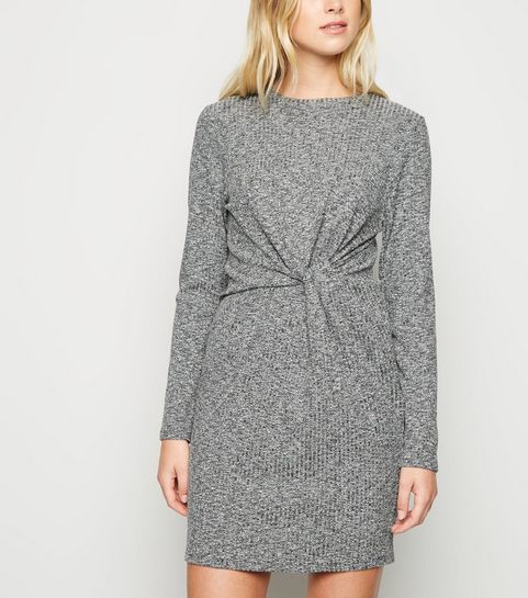 Grey Fine Knit Twist Front Dress