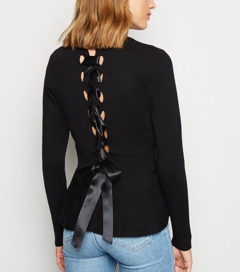 Black Lace Up Back Peplum Jumper