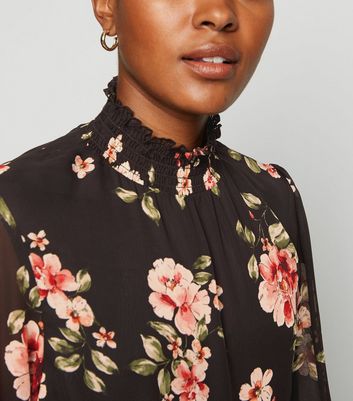 Image of Black Floral Chiffon Balloon Sleeve Blouse New Look