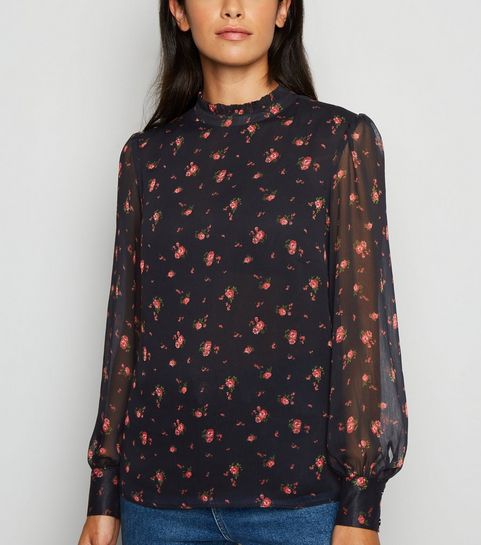 Black Rose High Neck Chiffon Blouse