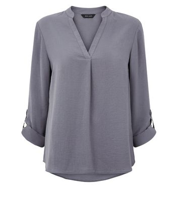 Image of Dark Grey Herringbone Tab Long Sleeve Shirt New Look