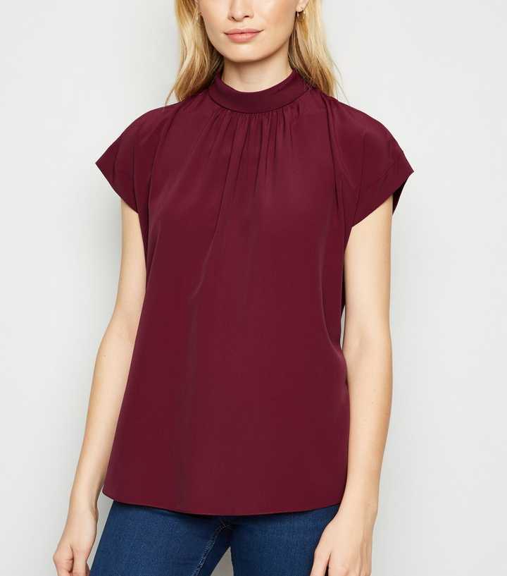 Burgundy High Neck Tie Back Top
