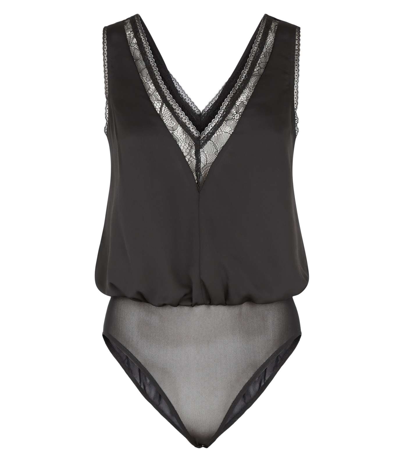 Black Satin Lace Trim Bodysuit Image 4