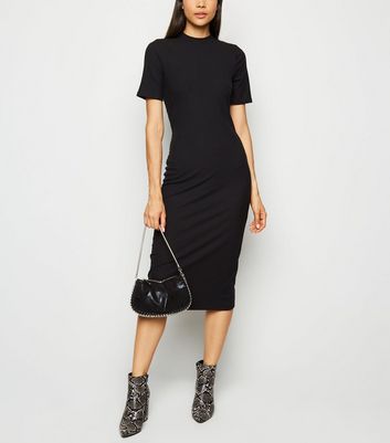 black ribbed bodycon midi dress