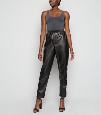 Tall Black LeatherLook Tapered Trousers  New Look