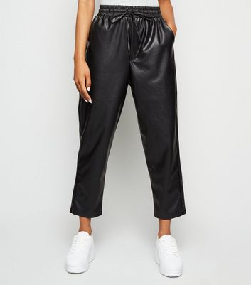 Petite Black Leather Look Coated Joggers New Look