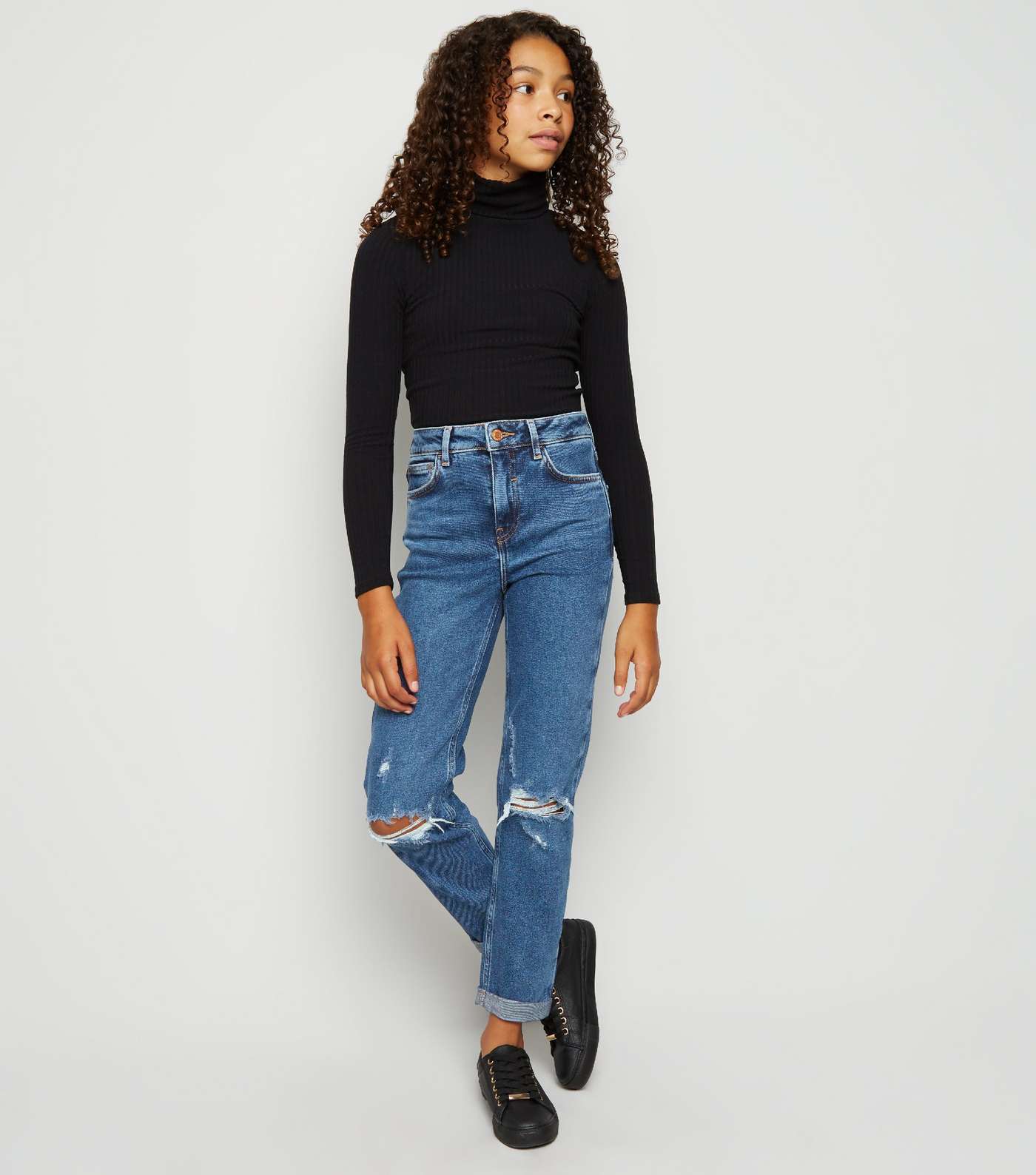 Girls Blue Ripped Stretch Mom Jeans