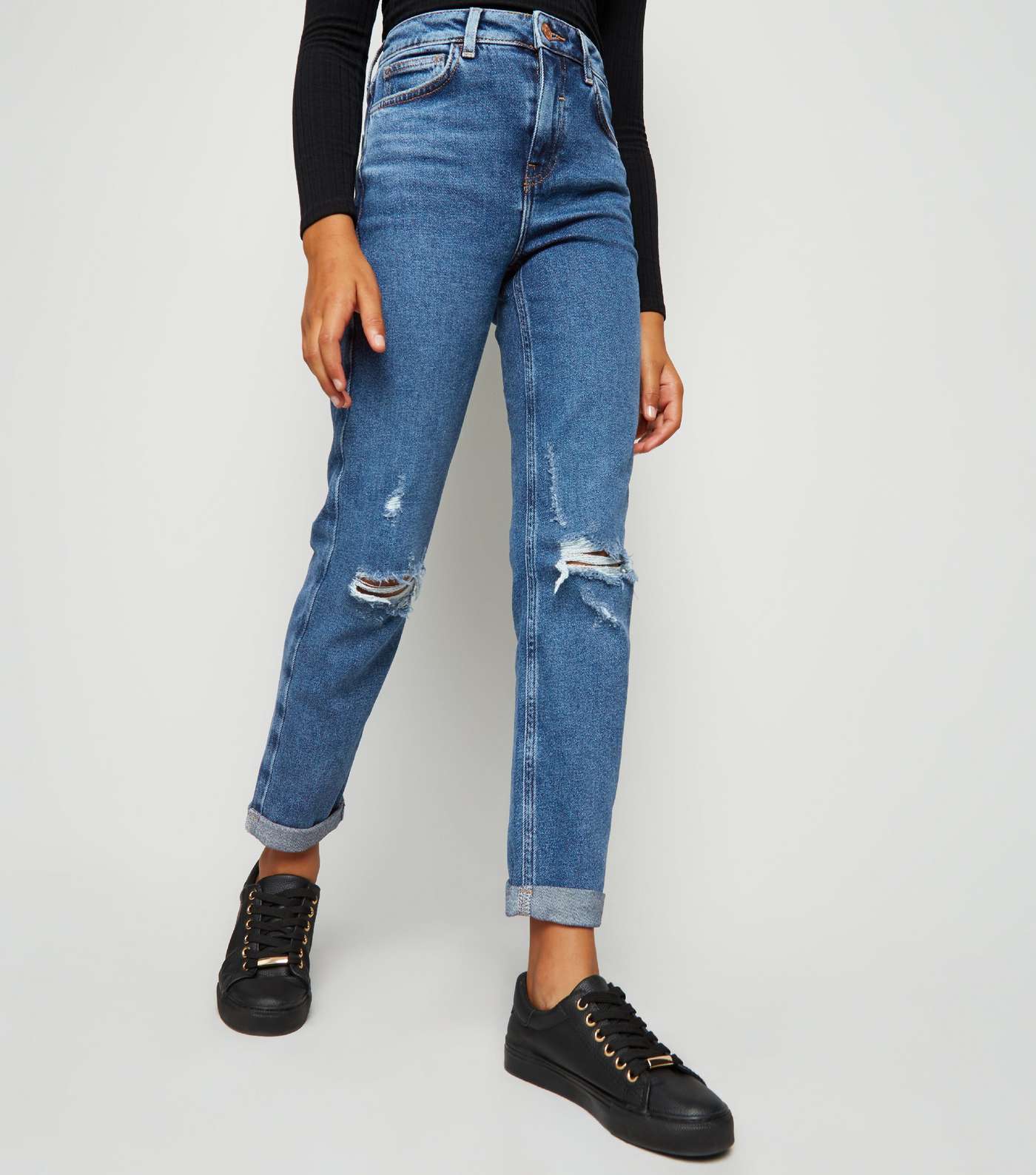Girls Blue Ripped Stretch Mom Jeans Image 5