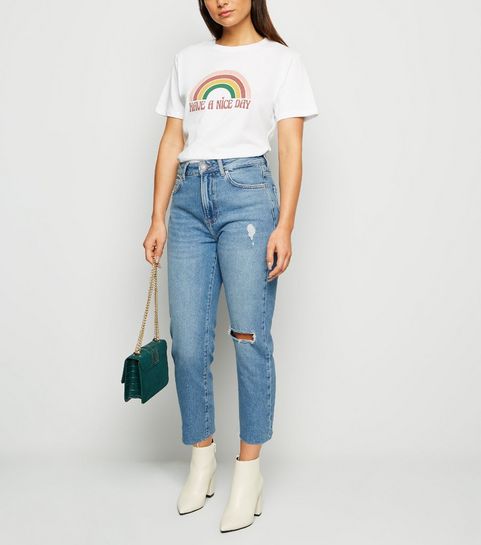 Petite - Jean bleu coupe droite déchiré