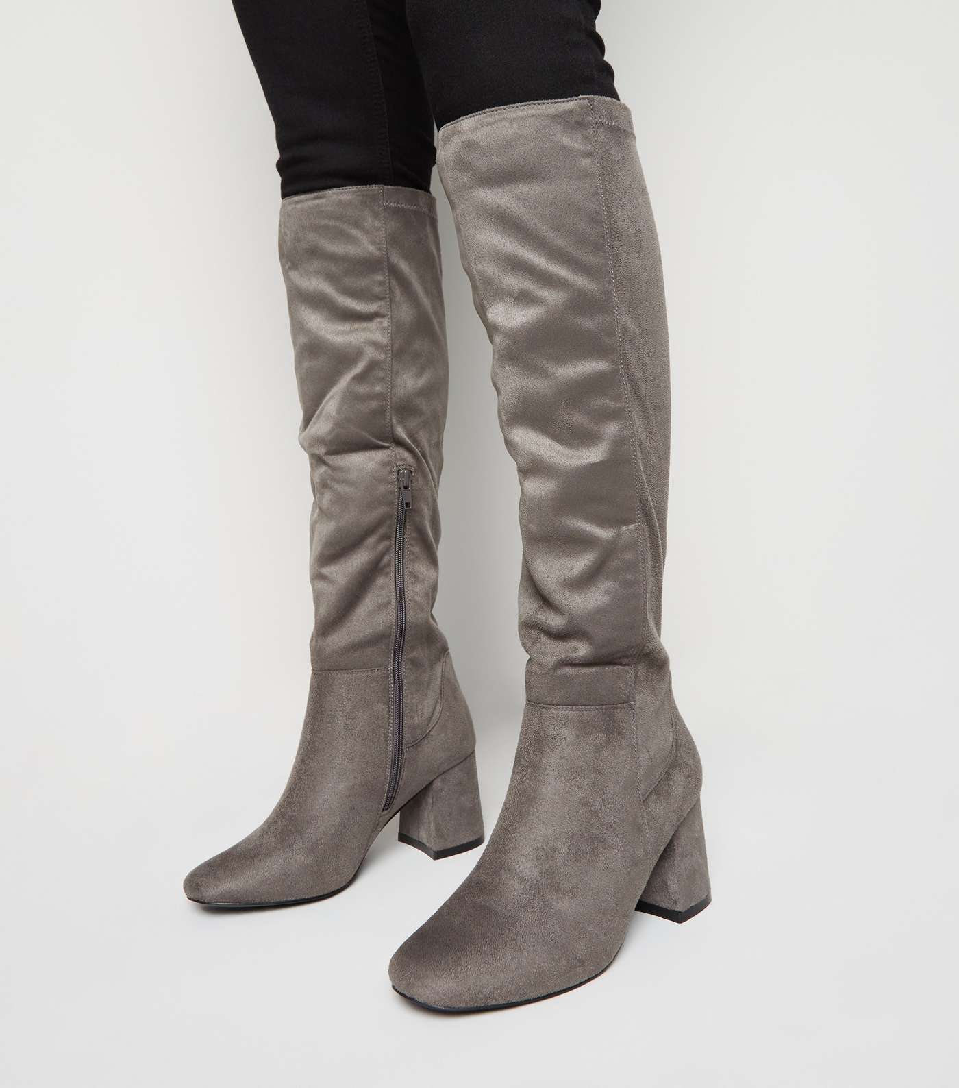Wide Fit Grey Flared Heel Knee High Boots Image 2