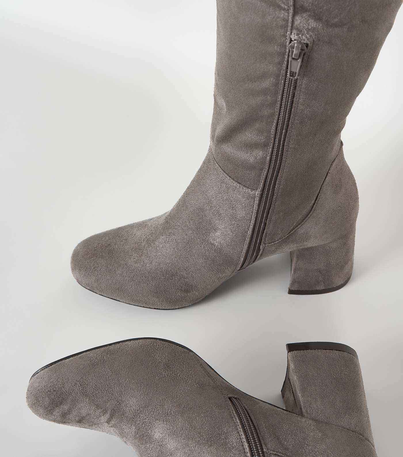 Wide Fit Grey Flared Heel Knee High Boots Image 4