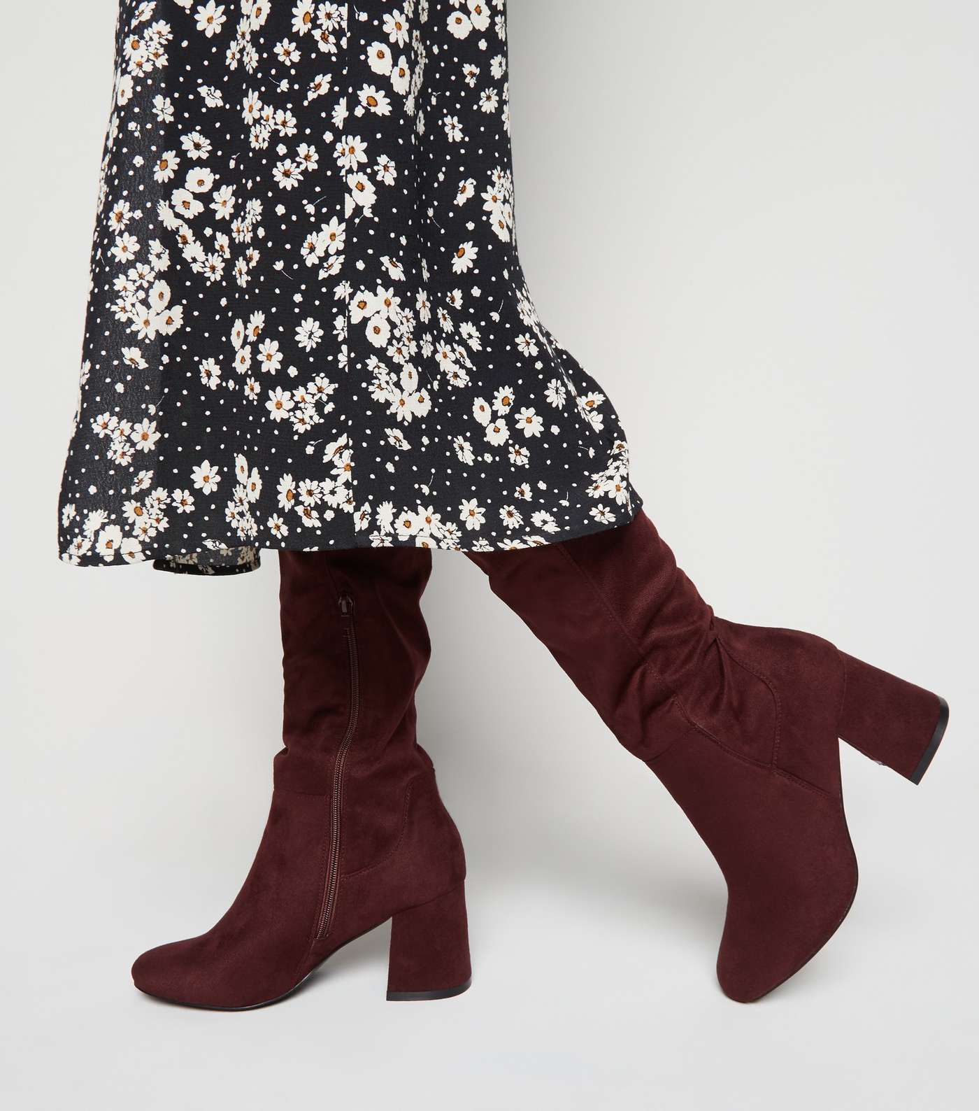 Wide Fit Dark Red Flared Heel Knee High Boots Image 5