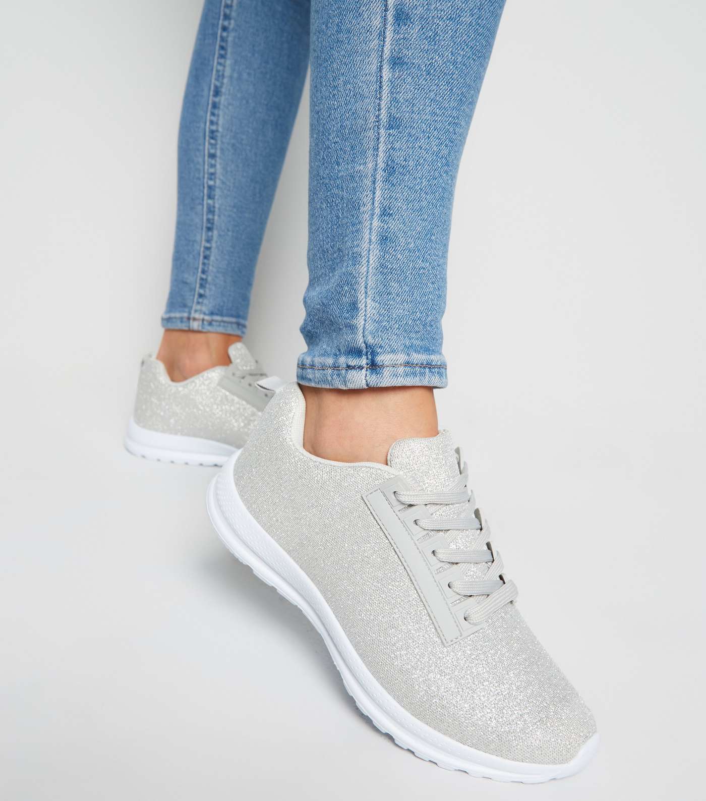 Silver Glitter Lace Up Trainers Image 2