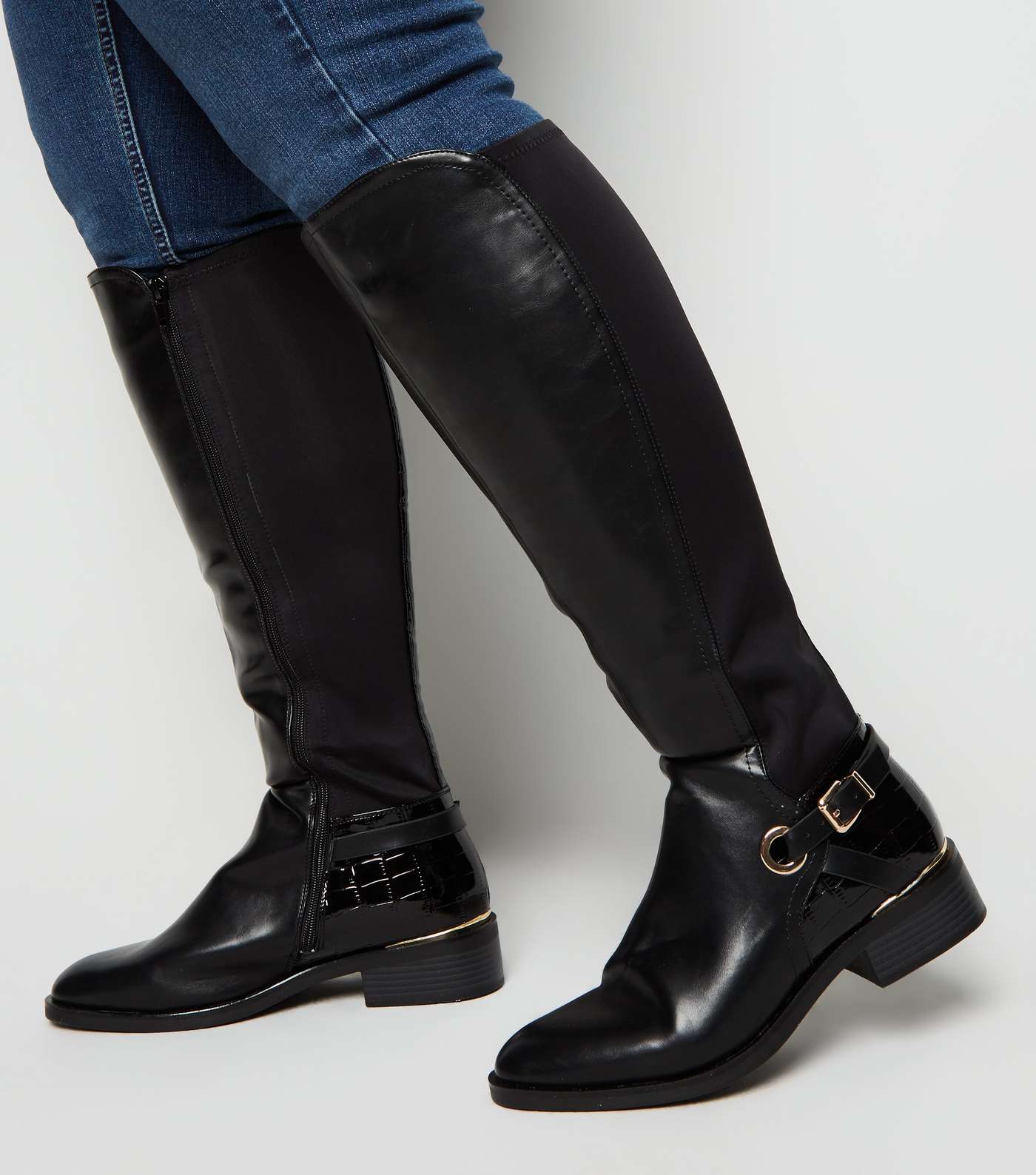 Extra Calf Fit Black Leather-Look Knee High Boots Image 2