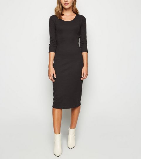Black Ribbed Scoop Neck Bodycon Midi Dress