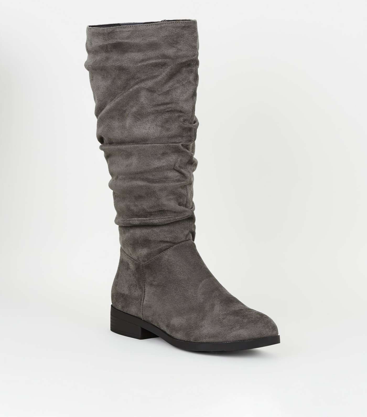 Wide Fit Grey Suedette Ruched Knee High Boots 