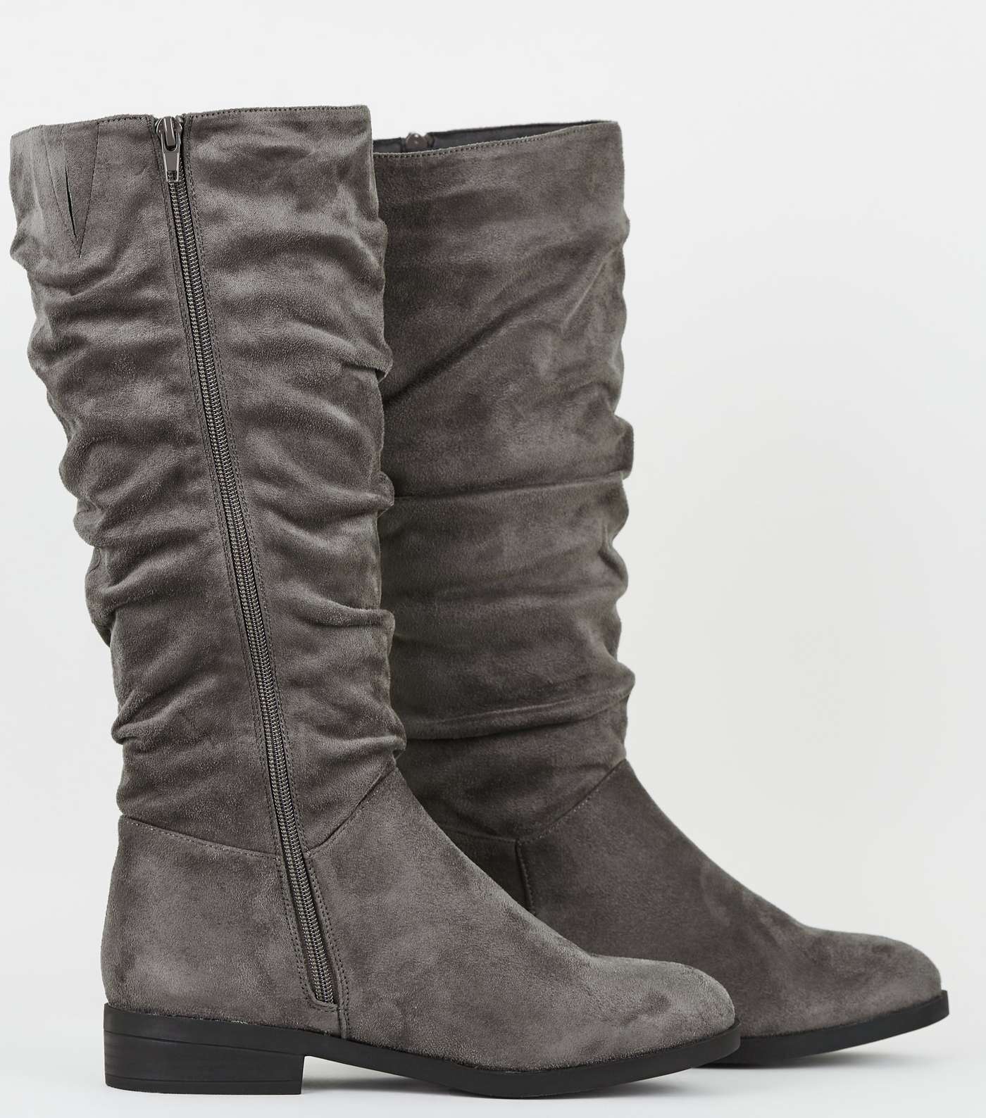Wide Fit Grey Suedette Ruched Knee High Boots  Image 3