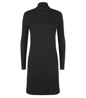Image of Black Ribbed Roll Neck Swing Dress New Look