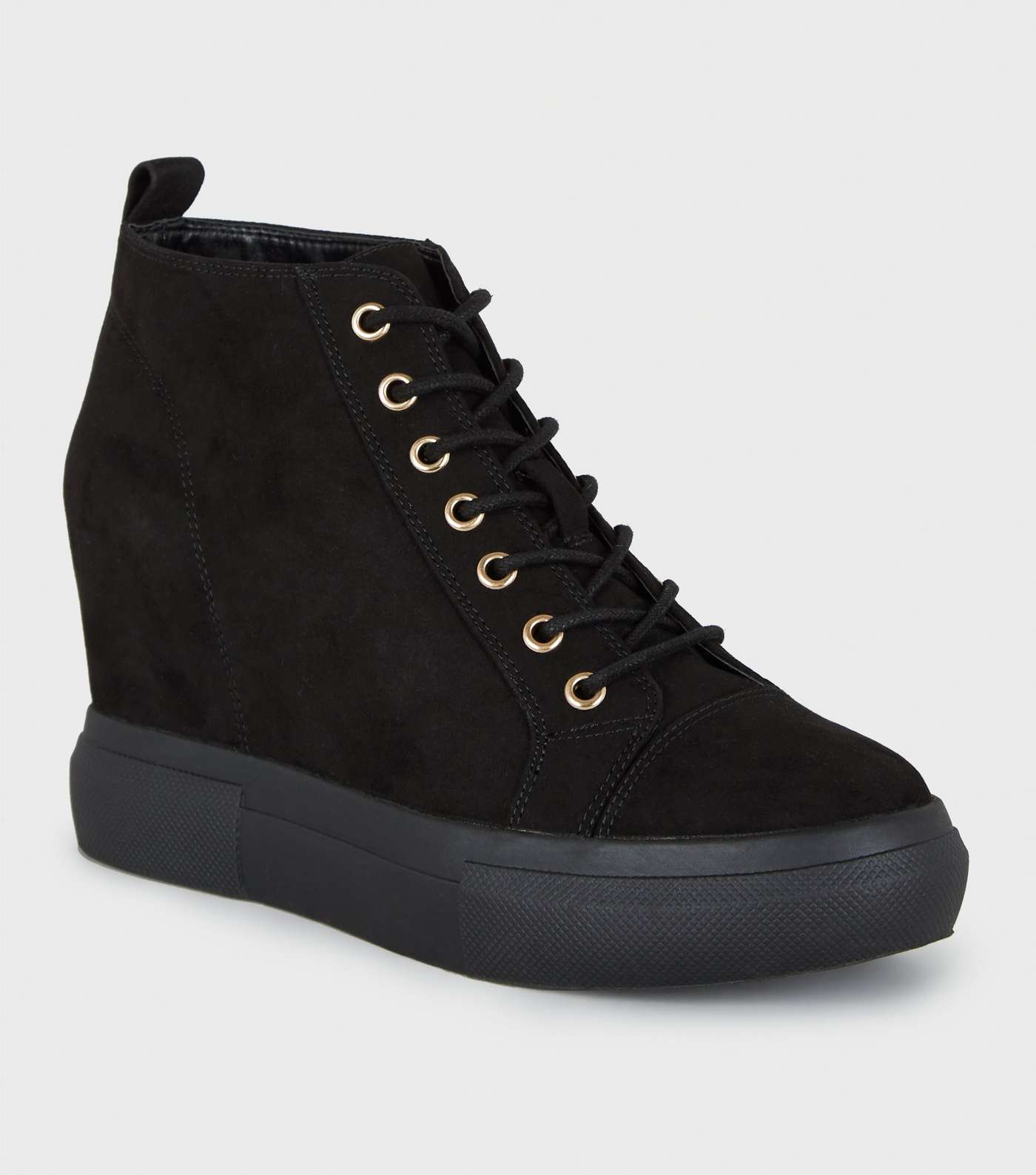 Black Suedette Lace Up Wedge Trainers