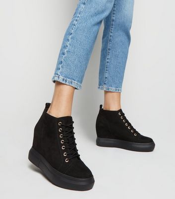 Black Suedette Lace Up Wedge Trainers 
