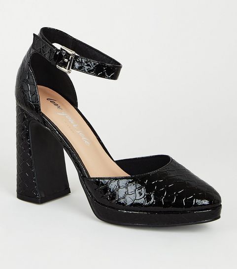 Black Faux Croc Flared Heel Platform Courts