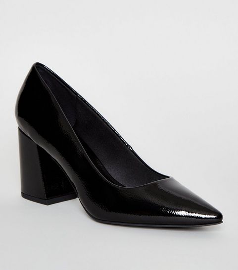 Black Crinkle Patent Block Heel Courts