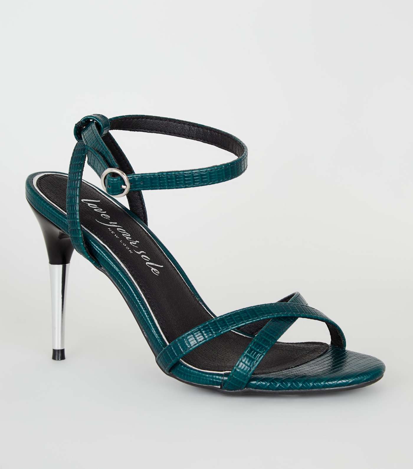 Teal Faux Snake Strappy Metal Stiletto Sandals