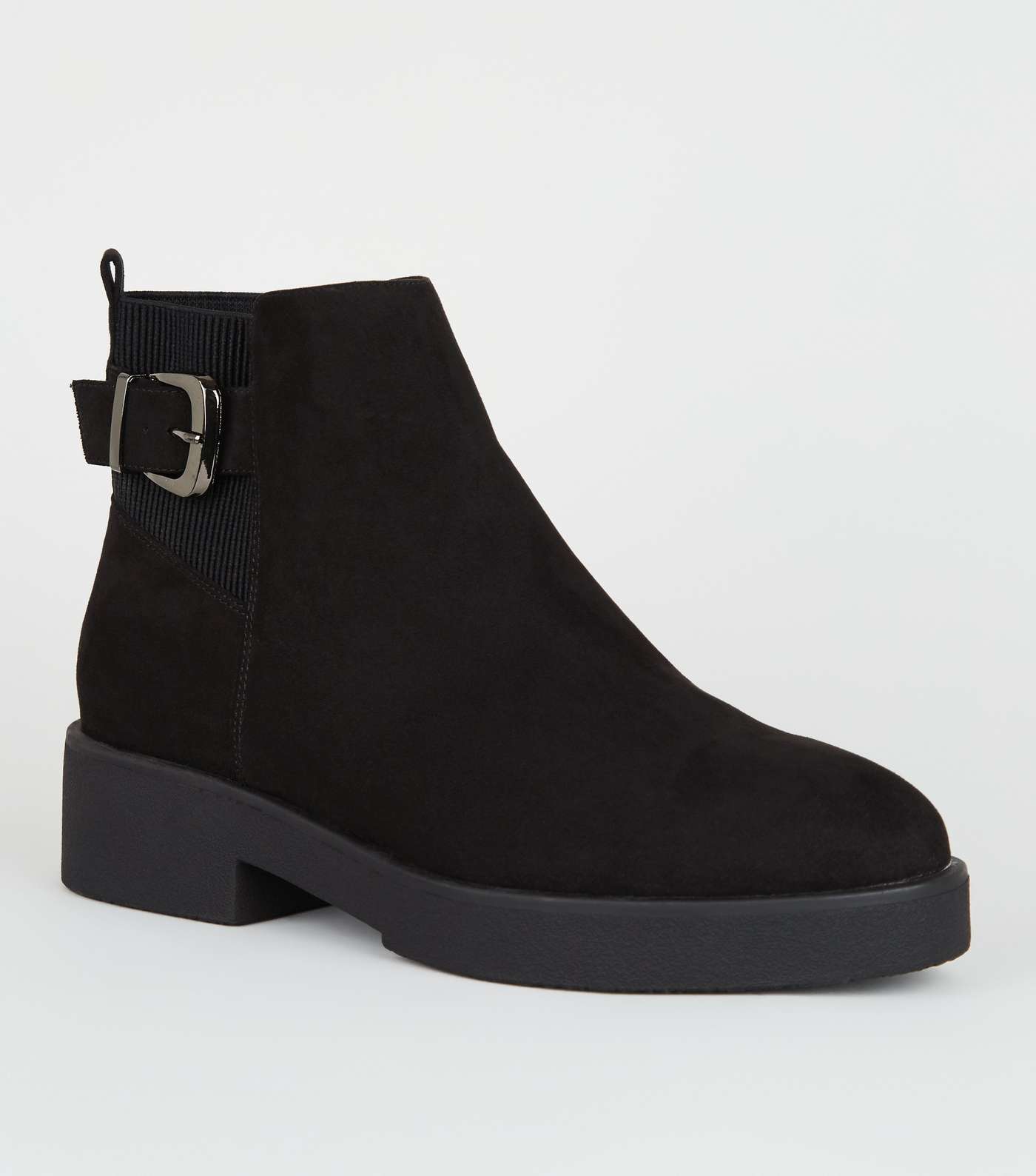 Wide Fit Black Suedette Buckle Chunky Boots 