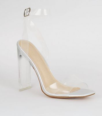 silver clear block heels