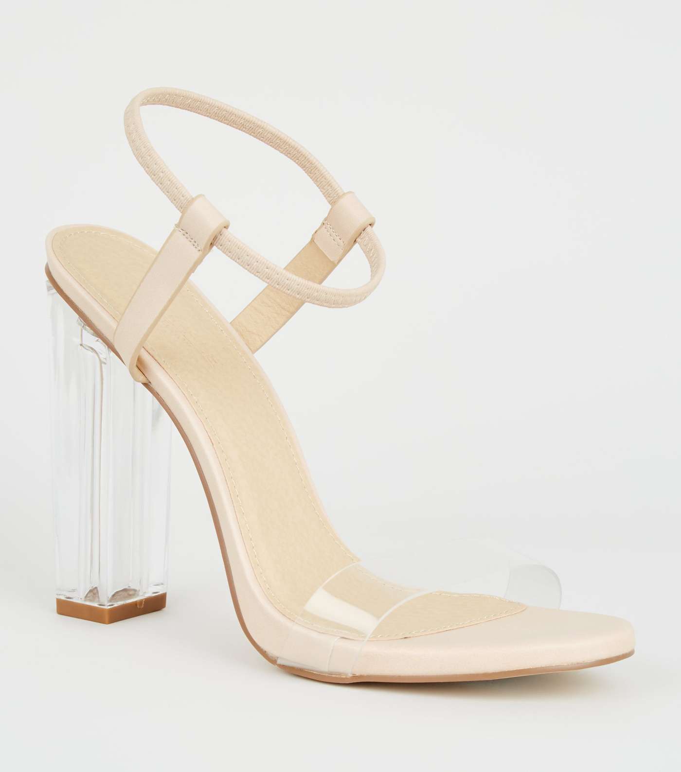 Nude Leather-Look Clear Strap Block Heels