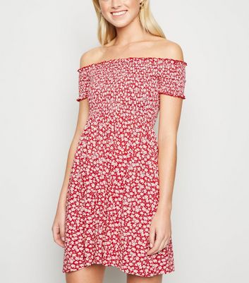 Cameo Rose Red Floral Shirred Bardot Dress | New Look